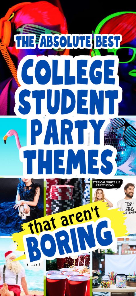 Need college party themes ideas or want to throw epic summer parties for friends at college or backyard party at home? List of fun party ideas for creative parties / unique parties that you don't see at every frat party or sorority party (plus some great trending party ideas you don't want to miss!). Use them for college mixer themes party ideas too! #collegeparty #partythemes #collegemixer #partyideas #trendingparty #trendingidea College Party Ideas Drinking, College Bday Party Theme, Party Ideas For College Students, Theme Party Ideas For College Students, Frat Party Ideas Themes, Fraternity Theme Party Ideas, Themes For Parties College, College Fest Event Ideas, Fun College Party Themes