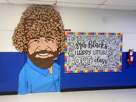 Elementary art classroom door. Bob Ross Classroom Door, Bob Ross Door Decoration, Art Class Door Decorations, Back To School Art Bulletin Board Ideas, Art Classroom Set Up Elementary, Bob Ross Bulletin Board, Art Teacher Door Decorations, High School Art Classroom Decor, Art Room Door Decoration Ideas