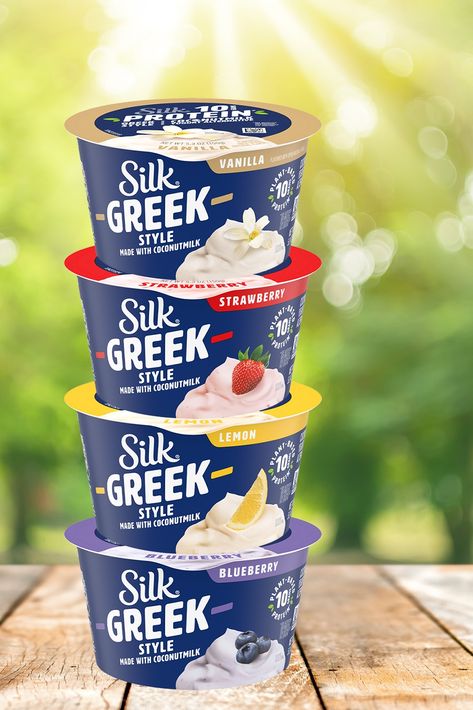 Silk Greek Style Yogurt Reviews & Info (Dairy-Free, Plant-Based) Acv Drinks, Silk Yogurt, Yogurt Substitute, Vegan Greek Yogurt, Yogurt Brands, Yogurt Packaging, Almond Milk Yogurt, Vegan Greek, Plant Based Yogurt