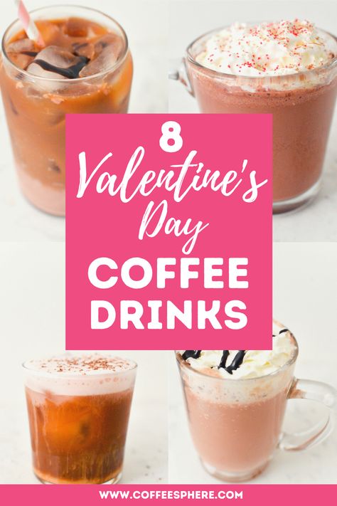 Four cups of pink and red coffee in glasses. Easy Coffee Drinks Recipes, Espresso Drink Recipes, Romantic Drinks, Valentine Drinks, Mocha Recipe, Starbucks Valentines, White Chocolate Mocha, Drinks Coffee, Chocolate Covered Cherries