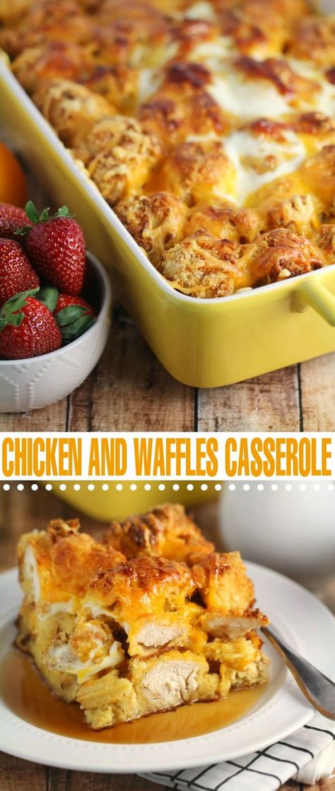 This Chicken and Waffles Casserole features hand breaded, oven fried chicken and waffles layered together and baked for an amazing breakfast recipe your whole family will love! Chicken And Waffles Casserole, November Dinners, Paleo Waffles, Casserole Chicken, Diy Breakfast, Chicken Waffles, Fried Chicken And Waffles, Recipes Savory, Amazing Breakfast