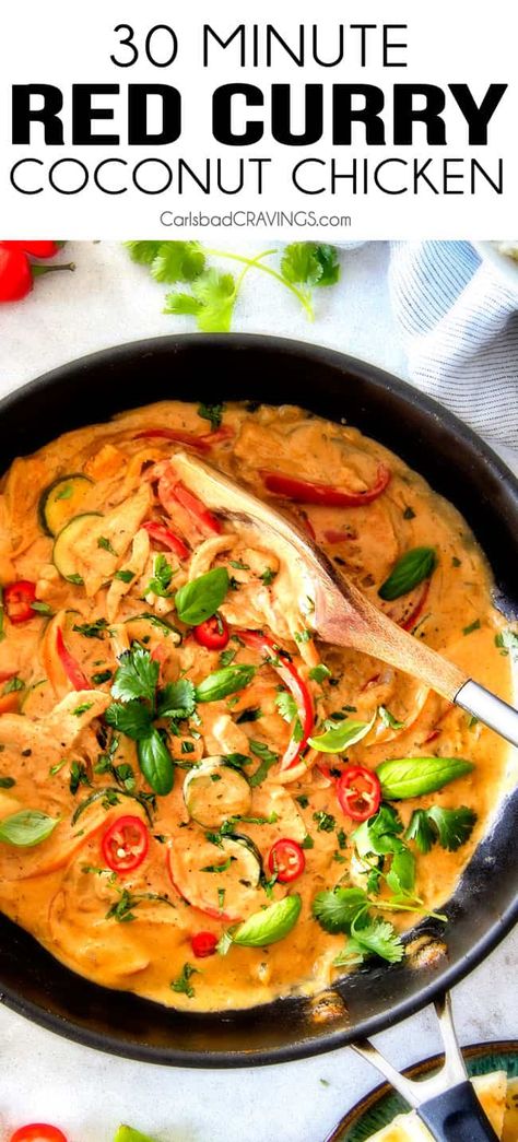 Thai Red Curry Chicken and Vegetables - Carlsbad Cravings Thai Red Curry Chicken Recipe, Thai Red Curry Chicken, Thai Curry Recipes, Red Curry Chicken, Carlsbad Cravings, Coconut Chicken, Curry Dishes, Curry Chicken Recipes, Think Food