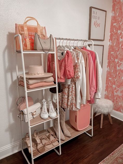 An aesthetic pink closet Clothing Rack Bedroom, Rangement Makeup, Standing Closet, Closet Decor, Hiasan Bilik, Room Closet, Room Makeover Bedroom, Room Makeover Inspiration, Closet Bedroom