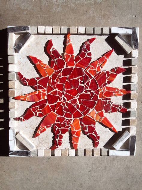 Arizona Heat  This gorgeous Mosaic is created with love of the Hot Arizona Desert.    Done is shades of Orange and Red Stained Glass, with Marble Tiles around the corners and sandstone bordering.    The artist has done an amazing job of capturing Arizona's beauty in this piece. Sun Decorations, Stone Mosaic Art, Orange Mosaic, Mosaic Birdbath, Mirror Pattern, Mosaic Art Diy, Mosaic Rocks, Mosaic Stepping Stones, Mosaic Flower Pots