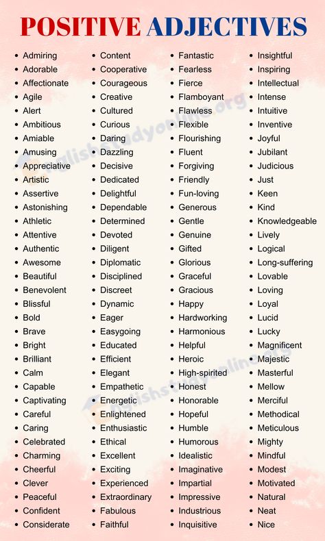 The Ultimate List of 1000+ Positive Adjectives for Daily Use - English Study Online Enchanting Words List, List Of Words For Writing, Beautiful Adjectives, Advanced Adjectives, Writing Adjectives, Confident Words, Adjectives In English, Improving English, Handwriting Tips