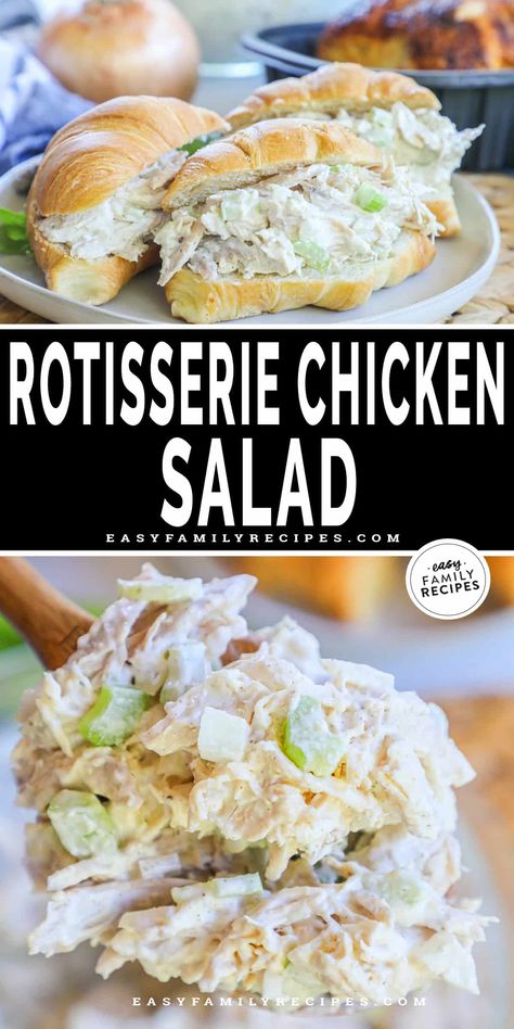 BEST Chicken Salad EVER! This classic rotisserie chicken salad recipe is an easy win! It's a no-cook fast meal prep recipe for lunch and dinner. Pre-cooked chicken with simple staples like celery, onions, mayo and seasonings make a cool, creamy, family friendly meal. Get ahead for the week with lunch prep - bread or croissants make delicious chicken salad sandwiches or use it all week as an easy dip for crackers. Chicken salad made with rotisserie chicken is the easy, healthy meal you’re after! Shredded Chicken Salad Sandwich, Chicken Salad With Basil, Plain Chicken Salad Recipe, Chicken Salad Using Rotisserie Chicken, Chicken Salad From Rotisserie Chicken, Rotisserie Chicken Recipes Salad, Easy Rotisserie Chicken Salad, Chicken Salad Rotisserie Easy, Easy Healthy Chicken Salad Recipe