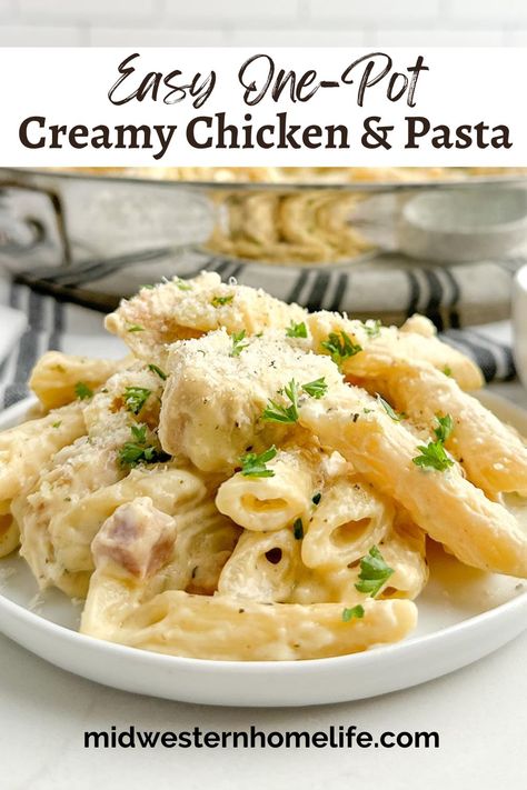 Creamy Chicken and Pasta with cream of chicken soup, tender chicken breast, and penne pasta in a luscious creamy sauce is an easy one-pot meal that takes about 30 minutes. Creamy garlic chicken pasta is a delicious dinner recipe for busy weeknights the whole family will devour. rn Cream Of Chicken Pasta Sauce, Pasta With Cream Of Chicken Soup, Chicken And Cream Of Chicken Recipes, Cream Of Chicken Pasta Recipes, Creamy Chicken Breast Recipes, Chicken Pasta Sauce, Creamy Garlic Chicken Pasta, Chicken Breast Pasta, Chicken Penne Pasta