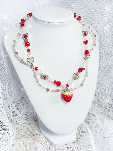 Y2K kawaii soft core beaded necklace with a solid strawberry pendant Strawberry Beaded Necklace, Strawberry Jewelry, Y2k Kawaii, Kawaii Necklace, Y2k Coquette, Y2k Icons, Strawberry Necklace, Clay Bead Necklace, Soft Core