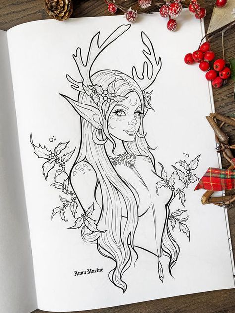 Deer Girl, Coloring Book Art, Tattoo Design Drawings, Book Art Drawings, Art Drawings Sketches Simple, Sketchbook Art Inspiration, Cool Art Drawings, Art Drawings Simple, Art Drawings Sketches