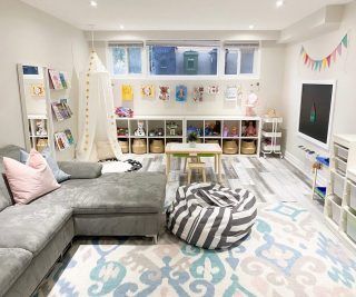 Storage Must Haves, Finished Basement Playroom, Best Playroom, Family Room Playroom, Loft Playroom, Kids Bathroom Makeover, Playroom Shelves, Shelves And Storage, Shared Girls Bedroom