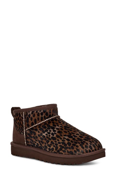 UGG® Classic Ultra Mini Caspian Genuine Calf Hair Bootie available at #Nordstrom Uggs Mini, Cheetah Print Shoes, Ugg Boot, Classic Ugg Boots, Ugg Classic Ultra Mini, Uggs Outfit, Walker Shoes, Platform Slippers, Ugg Classic