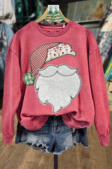 Christmas Santa Patch Sweatshirt Sweatshirt Makeover, Patch Sweatshirt, Santa Sweatshirt, Christmas Fabric, Round Neck Tops, Tops Fall, Print Sweatshirt, T Shirt Vest, Embroidery And Stitching