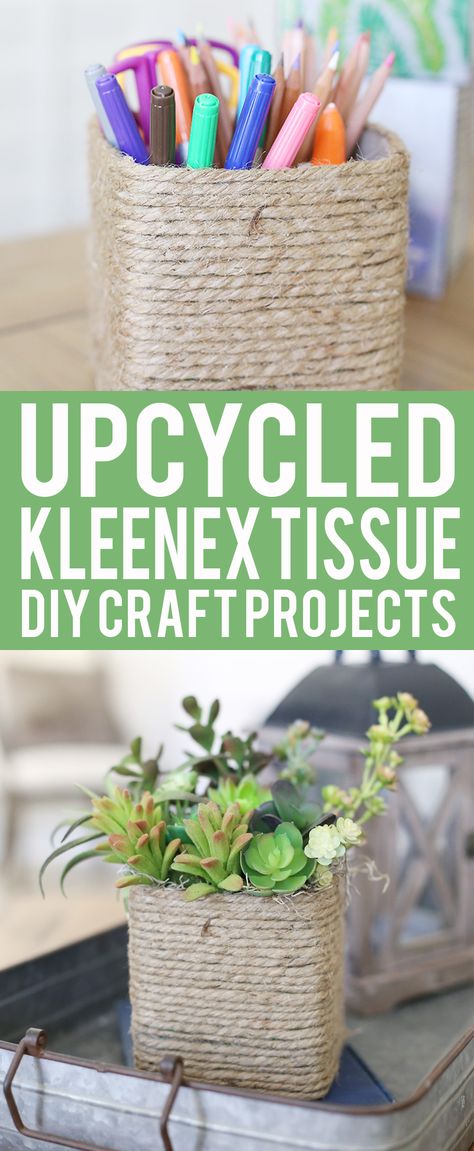 Upcycled Kleenex Tissue Box Succulent Planter and Craft Caddy - See Vanessa Craft Upcycle Tissue Box Ideas, Crafts With Tissue Boxes, Tissue Paper Box Crafts, Diy Tissue Box Covers, Kleenex Box Crafts, Upcycled Boxes, Tissue Box Diy, Earth Friendly Crafts, Recycle Cardboard