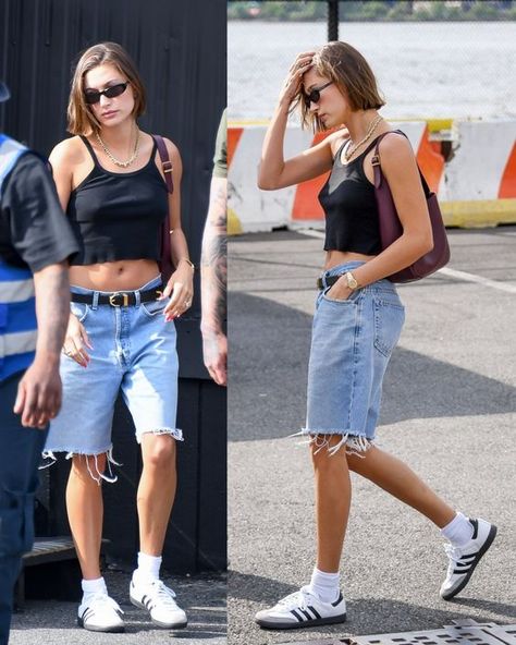 hailey bieber nike samba Hailey Bieber Handbags, Summer Outfits Hailey Bieber, Hailey Bieber Shorts Outfit, Hailey Beiber Summer Outfits, Hailey Baldwin Style Summer, Hailey Bieber Summer Outfits, Summer Model Off Duty, Nike Samba, Long Denim Shorts Outfit