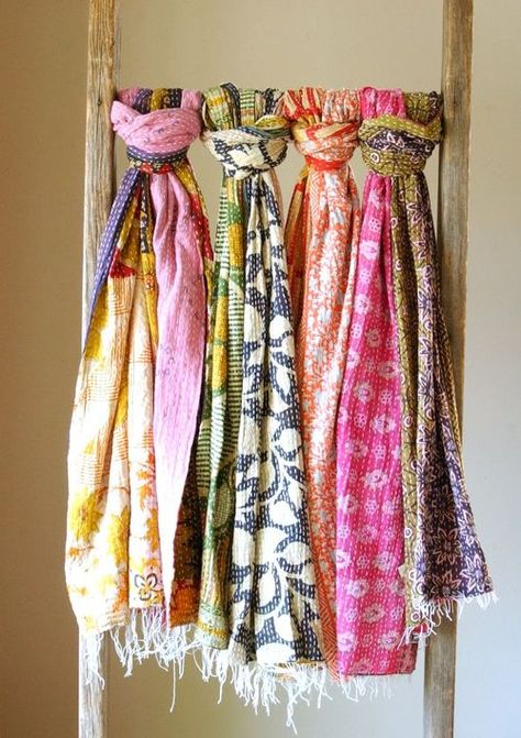 Handmade scarves from vintage saris ... Sari Scarf, Scarf Display, Kantha Sari, India Colors, Handmade Scarves, Sari Fabric, Vintage Saris, Jewelry Studio, Summer Scarves