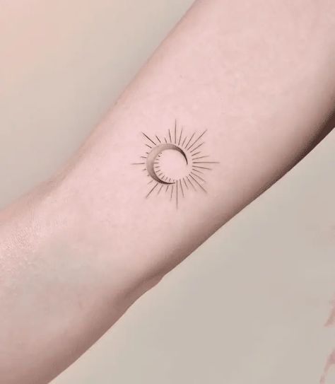 25 Attractive Sun And Moon Tattoo Design Ideas with Meanings Sun Moon Star Fine Line Tattoo, Fine Line Moon And Sun Tattoo, Wholeness Tattoo, Libra Sun And Moon Tattoo, Sun Moon Fine Line Tattoo, Daisy Moon Tattoo, Sun And Moon Fine Line, Fine Line Sun And Moon Tattoo, Sun And Moon Tattoo Arm