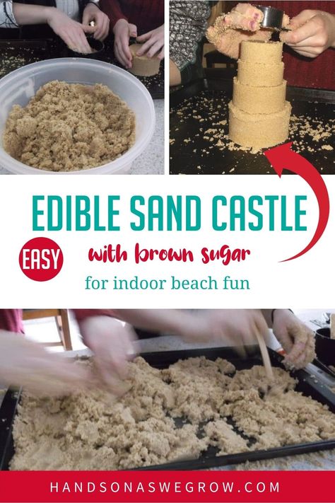 Play with your food! This super simple sweet sensory play is fun for kids of all ages. Build an edible brown sugar sand castle for a day of indoor beach fun as a family! Sand Castle Activities Preschool, Sand Crafts Preschool, Sand Activities For Preschool, Sand Castle Craft, Beach Science, Stem Kindergarten, Edible Sensory, Daycare Projects, Ocean Sensory