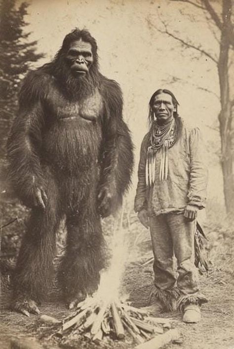 Sasquatch/Bigfoot standing next to a Native American. Vintage AI generated photo. Cryptids. Sasquatch photo. Bigfoot photo.  Digital Download/High resolution image that can be printed to make beautiful framed wall art, posters, etc... This is a still print image. Any animation shown in the listing is for presentation purposes only. This is a unique AI created image and was created using a 2:3 ratio. The image can be printed to the following frame dimensions: 6"x 9", 8"x 12", 10"x 15", 12"x 18", 14"x 21", 16"x 24", 18"x 27", 20"x 30", 22"x 33", 24"x 36" **Attention** You are purchasing a high resolution instantly downloadable digital jpg file. You will not receive a physical product. File will be delivered electronically. An automated instant download email will be sent to your Etsy email a Real Bigfoot Pictures, Relaxed Poses, Cryptid Art, Bigfoot Pictures, Bigfoot Art, Grainy Texture, Native American Images, Image Vintage, Native American Men