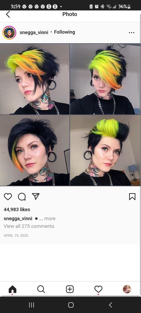 Short Colorful Hairstyles, Short Hair Split Color, Vibrant Short Hair Color, Color Block On Short Hair, Coloured Short Hair Pixie Haircuts, Two Color Pixie Hair, Split Dyes For Short Hair, Pixie Haircut Colour Ideas, Mohawk Color Ideas For Women