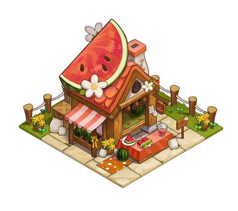 ArtStation - Isometric buildings : bakery, watermelon house, restaurant, Soyun Lee Isometric Interior, Isometric Drawing, Bg Design, Casual Art, 2d Game Art, Props Art, Cute Cottage, Building Concept, Isometric Art