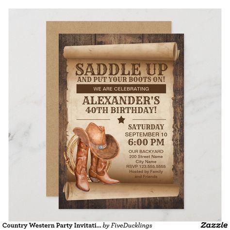 Country Birthday Party Invitations, Country Western Party, Country Western Parties, Country Birthday Party, Western Invitations, Cowboy Theme Party, Wild West Party, Western Birthday Party, Country Birthday