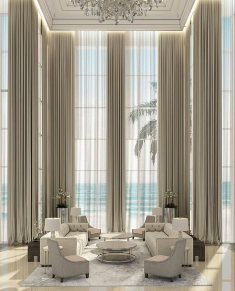 Double Height Curtains, High Ceiling Wall Design, Tall Ceiling Curtains, High Ceiling Curtains, Tall Curtains, Window Curtain Designs, Luxury Hotels Lobby, Dubai Hills, Curtains Living Room Modern