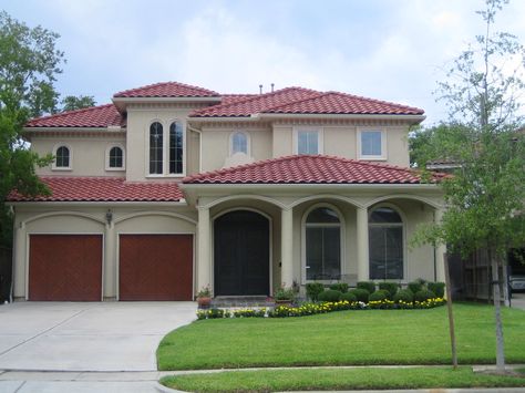 Beautiful Mediterranean Stucco Home Florida House Colors, House Two Floors, Dark Exterior House Colors, Dark Exterior House, Stucco House Colors, House Colors With Brown Roof, Red Roof House, Stucco Colors, House Paint Color Combination