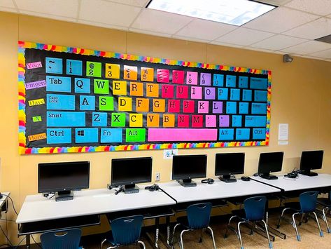 Giant keyboards can add a statement to any lab. The best part is that you can create a giant keyboard based on the colors and design in your classroom. Great for a quick reference for students as well as visually appealing classroom decor. Comment KEYBOARD to get the link sent your way! . . #techteacher #iteachtech #iteachtoo #edutech #technologyintheclassroom #teachingwithtechnology #edtech #steameducation #technologyteacher #techyteacher #edtechchat #classroomdecor #classroomorganiza... Computer Lab Board Decoration, Ict Lab Decorations, Led Lights Around Whiteboard Classroom, Ict Room Designs, Computer Lab Chart Ideas, Elementary Computer Lab Decor, Computer Classroom Decor Ideas, Elementary Technology Classroom Decor, Computer Science Bulletin Board Ideas