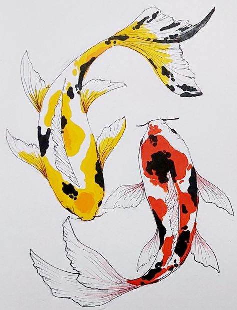 #Koifish #art #drawing #sketch #colors #fun #easy Drawn Koi Fish, Asian Fish Drawing, Koi Fish Graffiti, Koi Sketch Tattoo, Drawings Of Koi Fish, Beautiful Fish Drawing, Coy Fish Doodle, Two Fish Painting, Drawing Ideas Koi Fish