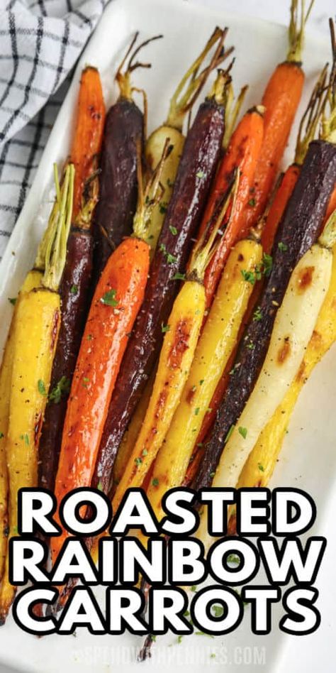 Roasted Rainbow Carrots are the prettiest side dish ever to grace an Easter table. Perfect for any holiday, this side dish is sure to please. #spendwithpennies #roastedrainbowcarrots #sidedish #recipe #roastedcarrots #oven #easy #healthy #brownsugar #sweet #best Roasted Easter Vegetables, Carrot Side Dish For Easter, Easter Carrots Recipe, Large Carrot Recipe, Roasted Carrots For Easter, Light Vegetable Side Dishes, How To Cook Rainbow Carrots, Roasting Carrots In The Oven, Roasted Carrots For Thanksgiving