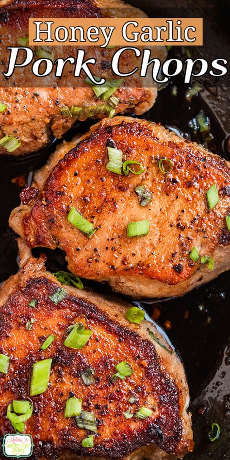 These sweet and savory Honey Garlic Pork Chops are a quick and easy meal for any day of the week. #porkchops #honeygarlicpork #porkrecipes #easyrecipes #dinner via @melissasssk Pork Honey Garlic, Crunchy Honey Garlic Pork Chops, Grilled Pork Sirloin Chops, Honey Glaze Pork Chops, Oven Pork Chops And Rice, Seasonings For Pork Chops, Boneless Pork Chops On The Grill, Pork Sirloin Chops Recipes Boneless, How To Season Pork Chops