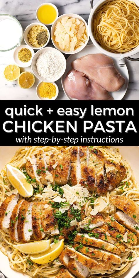 Easy 20-Minute Lemon Chicken Pasta Italian Chicken Over Lemony Spaghetti, Crispy Lemon Chicken Pasta, Lemon Pepper Pasta With Chicken, Lemon Rosemary Chicken Pasta, Lemon Butter Feta Chicken Pasta, Lemon And Chicken Pasta, Lemon Pepper Chicken Meal Ideas, Lemon Pepper Chicken With Pasta, Lemon Pasta Dishes