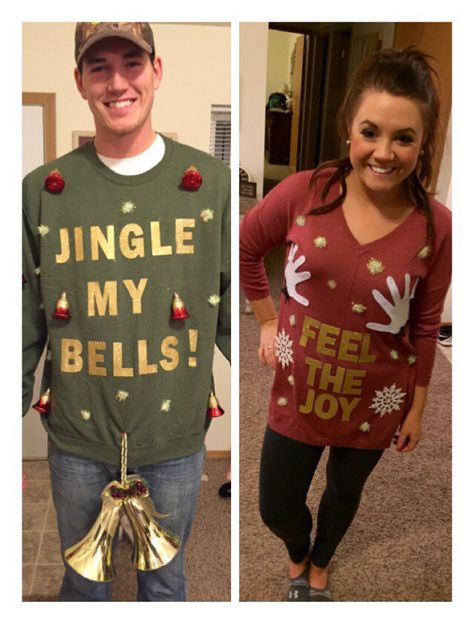 Ugly Christmas sweaters #couples #funny Ugly Christmas Sweater Images, Homemade Ugly Christmas Sweater, Ugly Christmas Sweater Diy Funny, Funny Christmas Costumes, Diy Christmas Outfit, Ugly Christmas Sweater Outfit, Couples Christmas Sweaters, Diy Christmas Sweater, Christmas Sweater Outfits