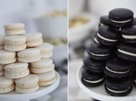 A Black and White 40th Birthday Dessert Table by Sweet Style - www.sweetstyleblog.com.au Black And White Macarons, Black And White Dessert Table, Black Macarons, Dessert Tables Ideas, Oreo Party, White Macarons, Rip Twenties, Macaron Ideas, White Dessert Tables