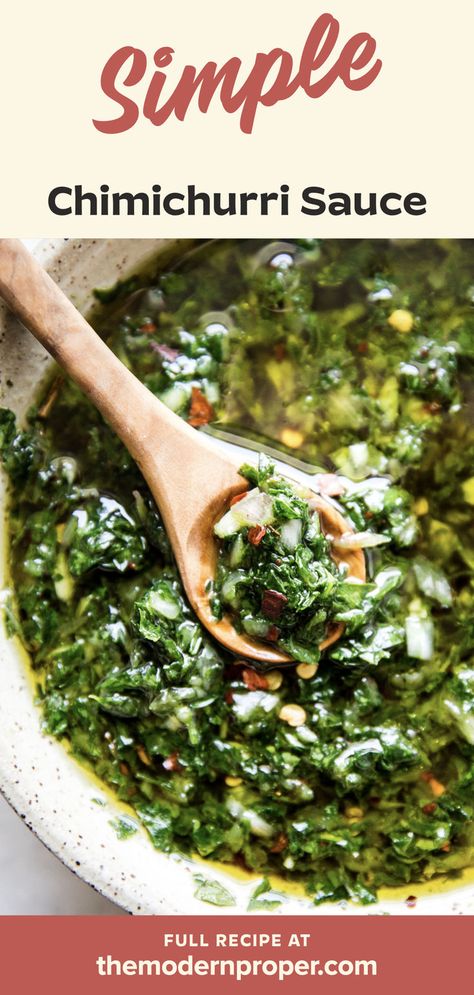 a bowl of chimichurri sauce made with shallot, parsley, oregano, garlic cloves, salt, pepper, olive oil, vinegar, and red pepper flakes Chimichurri Sauce For Steak, Best Chimichurri Sauce, Chimichurri Recipe Steak, Easy Chimichurri Sauce, Sauce For Steak, Argentinian Cuisine, Steak With Chimichurri Sauce, Chimichurri Sauce Recipe, Chimichurri Recipe