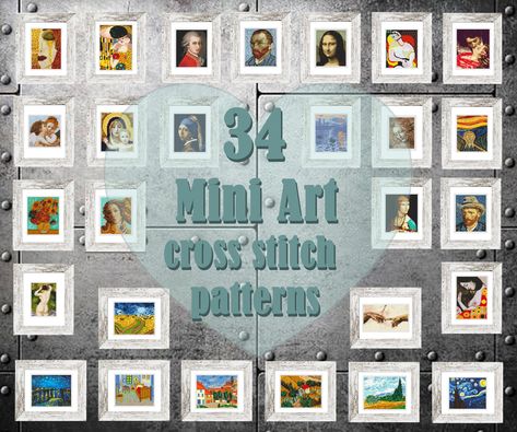 Famous Paintings Cross Stitch Patterns, Small Mini Art Cross Stitch, Cross Stitch Classic Art, Mona Lisa Cross Stitch Pattern, Famous Art Cross Stitch, Mini Masterpieces Cross Stitch, Famous Painting Cross Stitch, Cross Stitch Mini Patterns, Mini Cross Stitch Patterns Miniatures