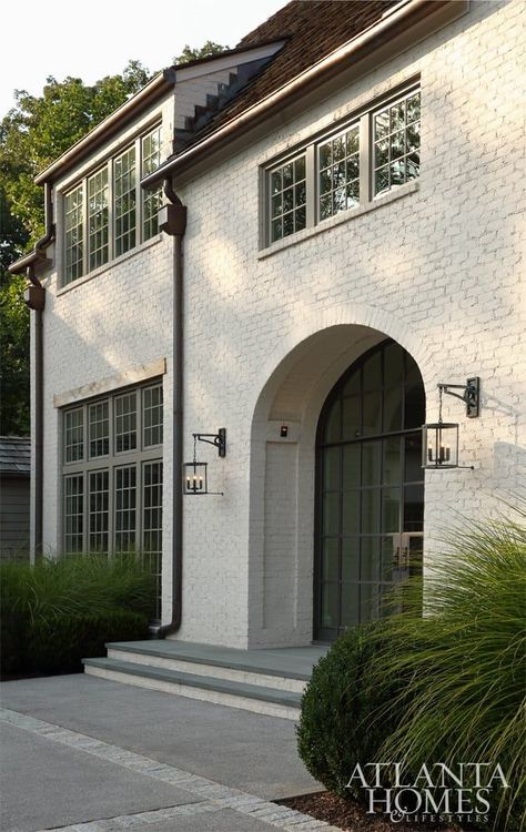 Dallas Home Exterior, European House Elevation, English Inspired Home Exterior, European Home Exterior, English House Design, White Brick House, Atlanta Homes And Lifestyles, Houston Houses, Light And Dwell