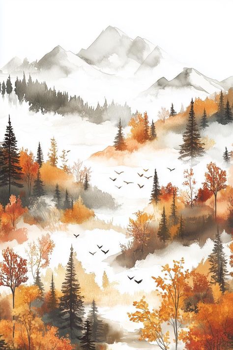 This stunning artwork captures the serene beauty of an autumn landscape, drawing inspiration from traditional watercolor techniques that evoke a sense of tranquility and nostalgia. The piece features a harmonious blend of warm oranges, earthy browns, and muted grays, creating a soothing backdrop that transforms any space into an autumnal haven. The delicate strokes depict a rolling mountain scene enveloped in mist, while vibrant leaves and silhouetted pine trees add depth and character. The artwork is enriched by graceful birds soaring overhead, which further enhances the tranquil atmosphere. Crafted for art enthusiasts and nature lovers alike, this original piece is perfect for adding a touch of color to your home decor. Whether you choose the canvas print or digital download, this artwor Autumn Trees Watercolor Painting, Fall Watercolor Inspiration, Autumn Forest Drawing, Autumn Landscape Drawing, Autumn Watercolor Landscapes, Autumn Watercolor Paintings, Watercolor Fall Landscape, Earthy Watercolor, Watercolor Pine Tree