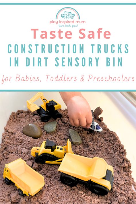 Construction truck toys in taste safe dirt with pebbles and river stones Construction Zone Sensory Bin, Trucks Sensory Bin, Sensory Bin Dirt, Construction Theme Sensory Bin, Car Themed Sensory Bin, Rainy Day Sensory Bin, Truck Sensory Play, Construction Activity For Toddlers, Dirt Activities For Preschool