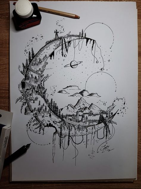 Drawing Vibes Aesthetic, Epic Drawings Sketches, Space Drawing Sketch, Mystical Art Drawings, Inktober Dream Drawing, Moon Art Drawing Pencil, Magical Drawing Ideas, Memories Drawing Ideas, Awakening Drawing