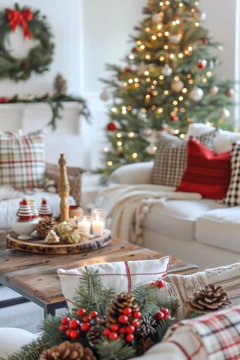 Cozy Christmas Living Room Decor Ideas Curated Christmas Decor, Christmas Decorating Styles, Simple Living Room Christmas Decor, Holiday Decor Christmas Living Room, Cozy Christmas Aesthetic Living Room, Christmas Living Room Apartment, Cozy Christmas Decor Living Room, Neutral Christmas Decor With Pops Of Red, Christmas Pillows On Couch