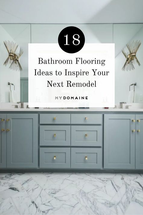 One of favorite spaces to redesign is the bathroom as their smaller square footage gives us a chance to really experiment with color and texture. Ahead, we share 18 bathroom flooring ideas to inspire you for your next remodel. Bold Bathroom Floor Tile, Bathroom Remodel Tile Floor, Large Tile Bathroom Floor, Bathroom Floor Inspiration, Porceline Tile Floor, Bathroom Remodel Flooring, Bathroom Floor Remodel, High End Bathroom Design Luxury, Small Bathroom Flooring Ideas