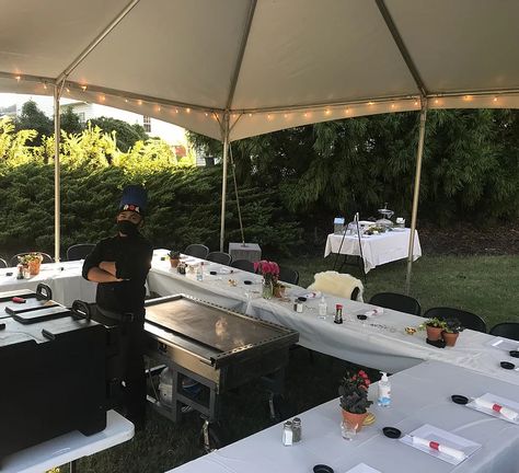 Hibachi at Home | Mt. Fuji Hibachi Hibachi Night Party, Hibachi At Home Set Up, Hibachi Table Set Up, Backyard Hibachi Party Ideas, At Home Hibachi Dinner Party Decor, Outdoor Hibachi Party, Hibachi Party Decorations, Hibachi Night At Home, Hibachi Table Set Up At Home