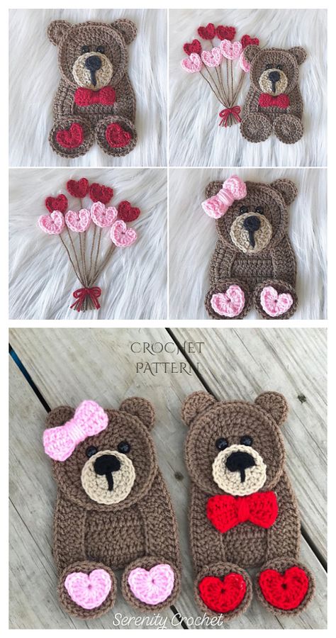 Teddy Bear Applique Free Crochet Patterns & Paid - DIY Magazine Teddy Bear Applique, Bear Applique, Motifs D'appliques, Crochet Applique Patterns Free, Confection Au Crochet, Valentines Day Baby, Crochet Teddy Bear, Bear Valentines, Crochet Simple