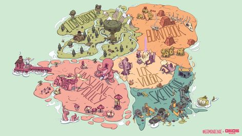 ArtStation - Art of OlliOlli World 2/12 - Welcome to Radlandia! (Game map and introduction's illustrations), Germán Reina Carmona Map Art Illustration, New Art Style, Magical Love, Game Map, Hansel Y Gretel, Map Games, World Map Design, Imaginary Maps, Fantasy World Map