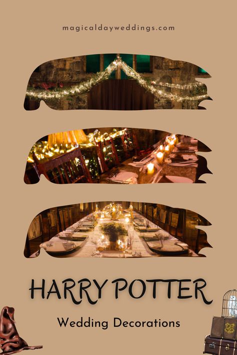 Are you looking to plan a Harry Potter themed wedding? The Harry Potter world is filled with a range of aesthetic decorations, so whether you want a decadent wedding with subtle references to the wizarding world, or if you want to turn the venue into Hogwarts itself, there’s so much to choose from. Here we present 14 Harry Potter wedding decorations ideas for the most magical wedding! Click the link below to learn more. Harry Potter Wedding Proposal, Harry Potter Bouquet Wedding, Harry Potter Aesthetic Wedding, Harry Potter Theme Wedding Ideas, Harry Potter Wedding Aesthetic, Harry Potter Centerpiece Ideas Weddings, Elegant Harry Potter Wedding, Subtle Harry Potter Wedding, Harry Potter Wedding Reception