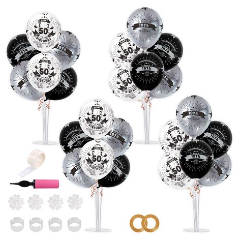 PRICES MAY VARY. 【Package included】 Excellent good value package includes 4 reusable balloon stands for table(28 Sticks+28 Cups+4 Base) and 12inch 32pcs Latex Balloon (14 silver+9 black+9 silver confetti),1pcs glue point,1pcs balloon pump.You don’t need to waste money to buy balloons,balloon pump and a glue point to make the base stick to the table more firmly. 【Stand Holder Size】 Approximately up to 26.6 inches in height (the height of the balloon stand); Sticks: 1 x approximately 26.6 inches l Black And Silver Balloon Centerpieces, Silver Balloon Centerpieces, Cheers To 50 Years Birthday, 50 Years Birthday, Cheers To 50 Years, 74th Birthday, Balloon Stand, Centerpieces For Tables, Silver Confetti