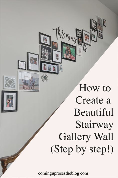 Decorating Up The Stairs Wall, Split Level Gallery Wall, Photo Wall Going Up The Stairs, Stairs With Photos Picture Walls, Mix Tiles Photo Wall Ideas Stairs, Stair Wall Art, Stairway Gallery Wall Ideas, Hanging Pictures On Stairway Wall, Gallery Wall Up The Stairs