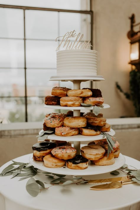 Cake And Donut Display, Wedding Cake And Donuts Display, Wedding Cake With Cookie Tiers, Cupcake And Donut Wedding Display, Wedding Cake And Donut Display, Cake And Donuts Wedding, Breakfast Wedding Cake, Donuts At Wedding Receptions, Wedding Cake With Cookies