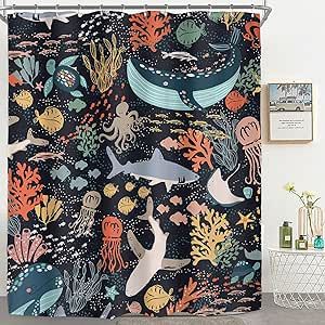 Shark Shower Curtain, Under The Sea Bathroom, Whale Shower Curtain, Sea Bathroom Decor, Fish Shower Curtain, Ocean Shower Curtain, Underwater Cartoon, Animal Shower Curtain, Whale Art Print